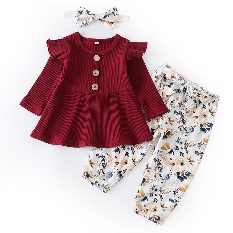 Baby Girl Solid Knitting Ruffle Long Sleeve Floral 3 Pcs Set