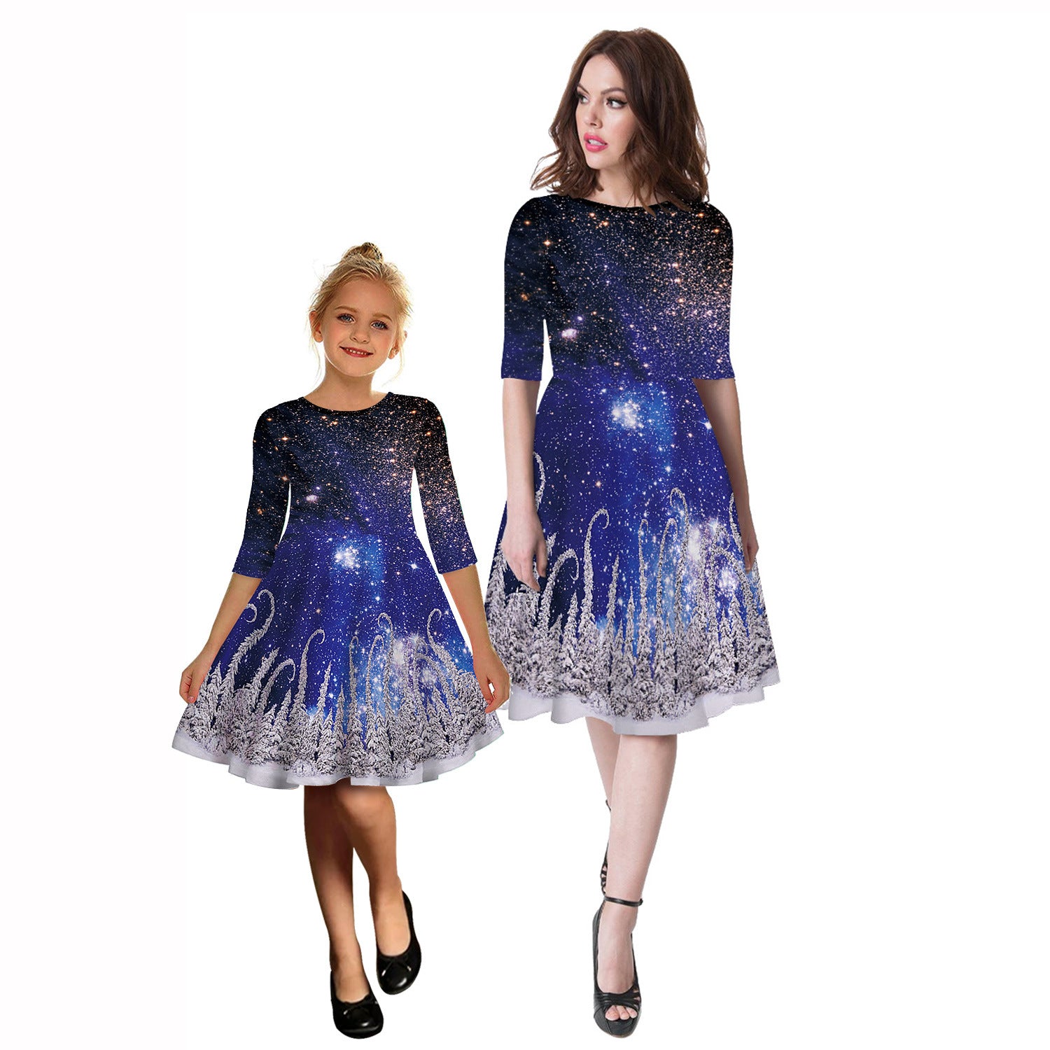 Family Matching Starry Sky Digital Print Parent-child Mid-sleeve Dress