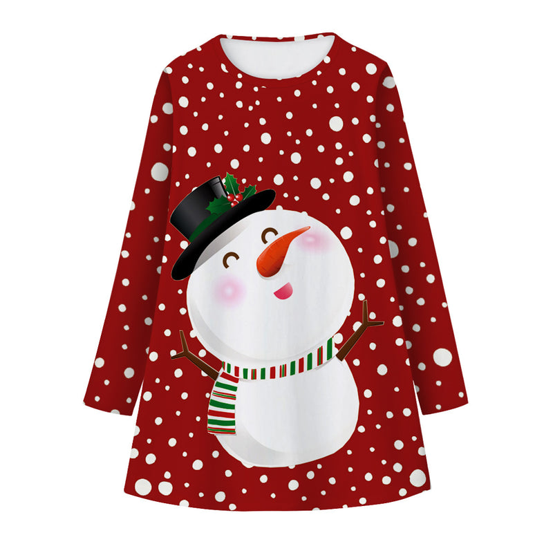Kid Girls Long Sleeve Round Neck Snowman Christmas Digital Print Dress