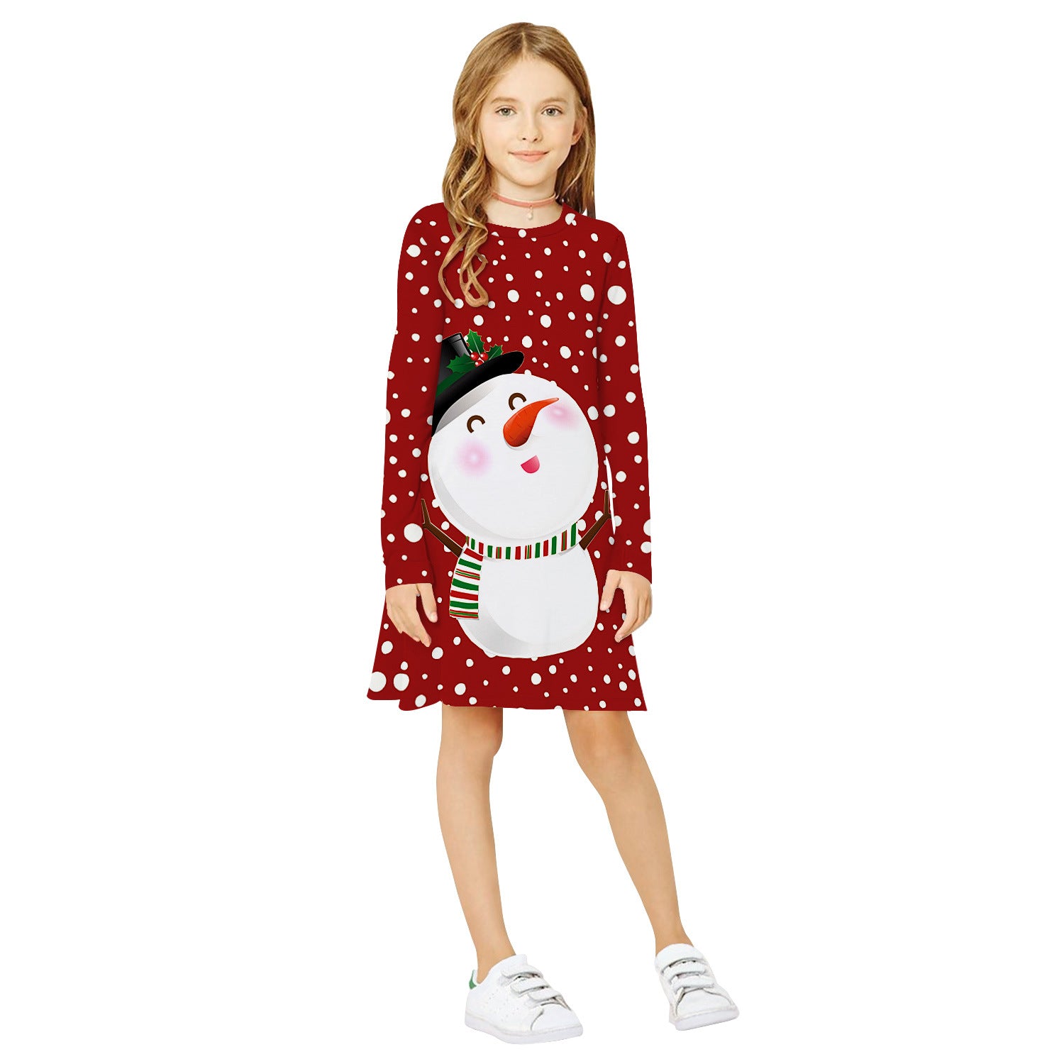 Kid Girls Long Sleeve Round Neck Snowman Christmas Digital Print Dress