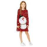 Kid Girls Long Sleeve Round Neck Snowman Christmas Digital Print Dress
