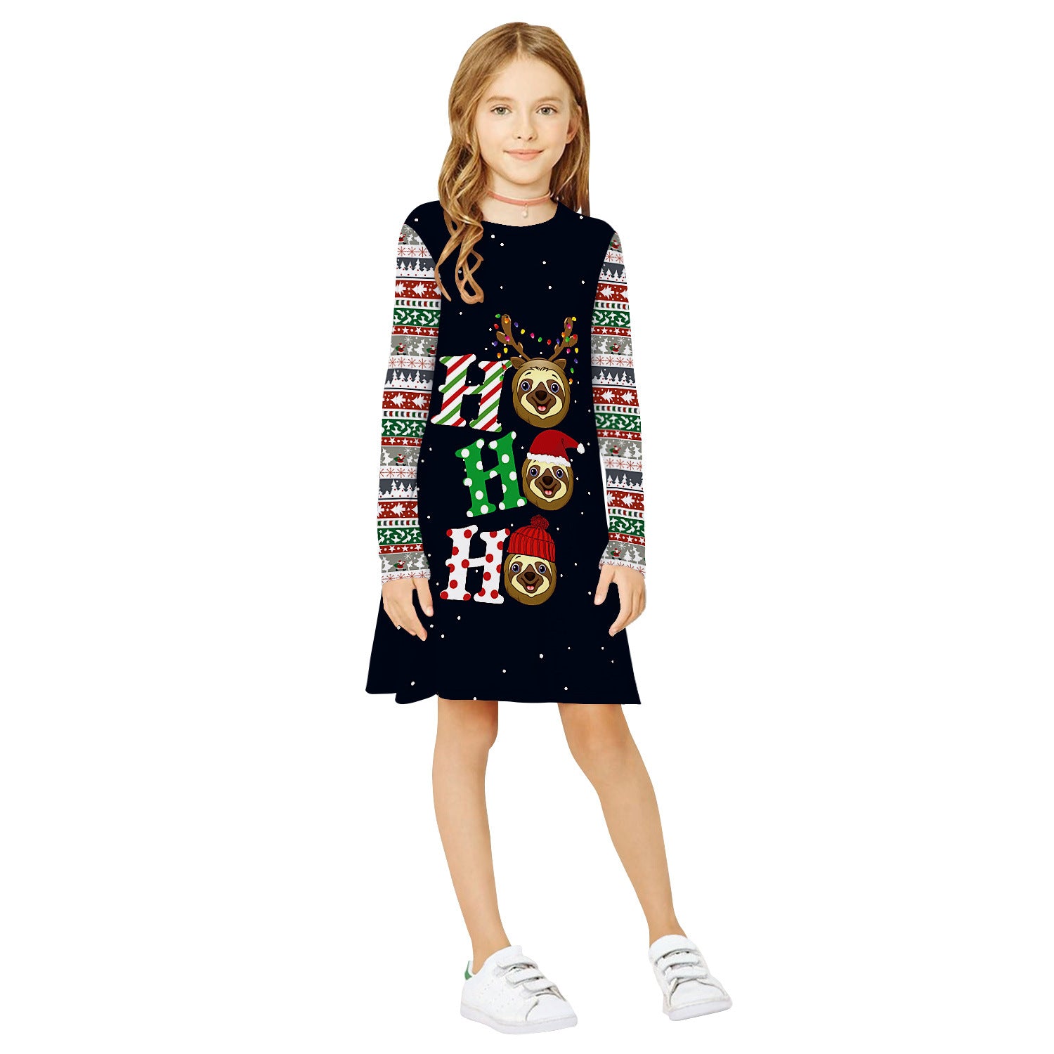 Kid Girls Long Sleeve Round Neck Snowman Christmas Digital Print Dress