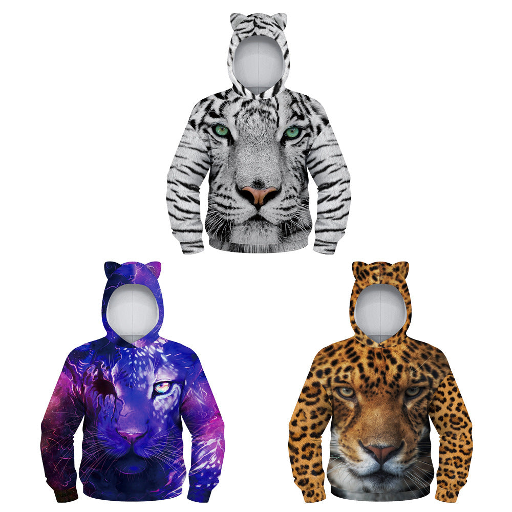 Kid Boy Long Sleeve Ear Cap Autumn Tiger Digital Printing Hoodie