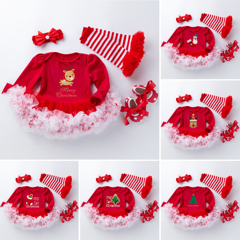 Baby Girl Christmas Long Sleeve Cartoon Dress Mesh 4 Pcs
