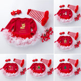 Baby Girl Christmas Long Sleeve Cartoon Dress Mesh 4 Pcs