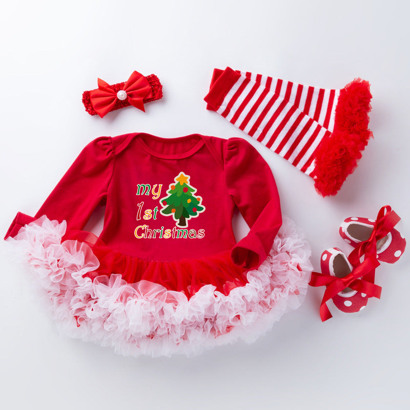 Baby Girl Christmas Long Sleeve Cartoon Dress Mesh 4 Pcs