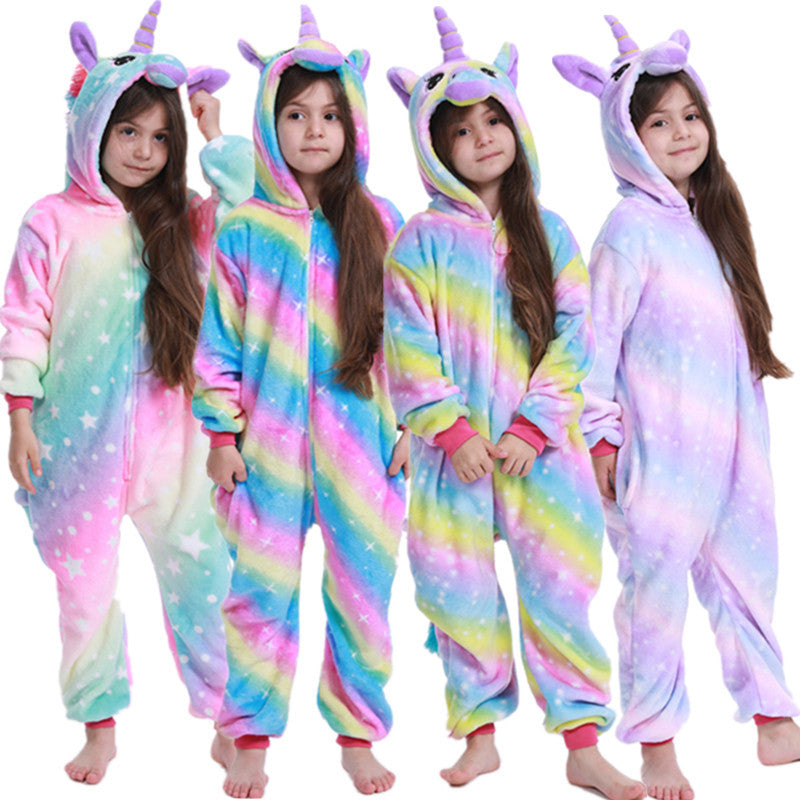 Kid Baby Girl Flannel Unicorn Animal Cartoon One-piece Pajamas