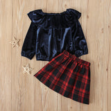 Kid Baby Girl Long Sleeve Pure Plaid Christmas 2 Pcs Sets