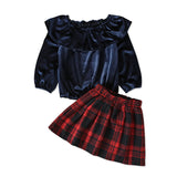 Kid Baby Girl Long Sleeve Pure Plaid Christmas 2 Pcs Sets