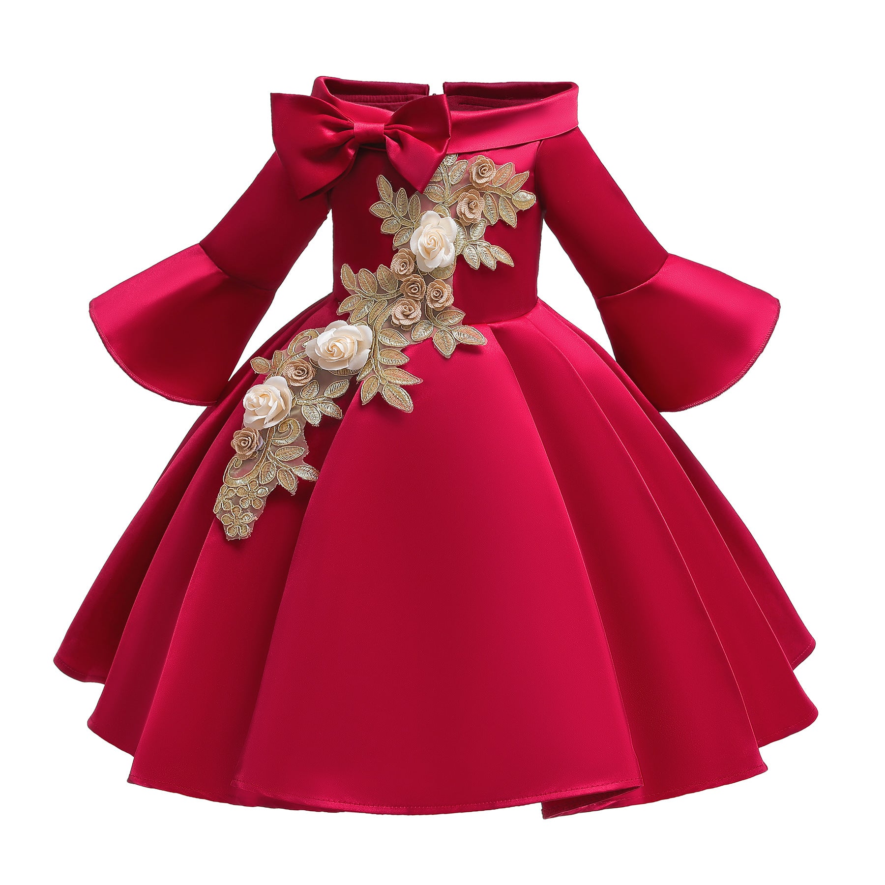 Kid Girl Princess Off Shoulder Middle Sleeve Satin Gown Embroidered Dresses