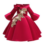 Kid Girl Princess Off Shoulder Middle Sleeve Satin Gown Embroidered Dresses