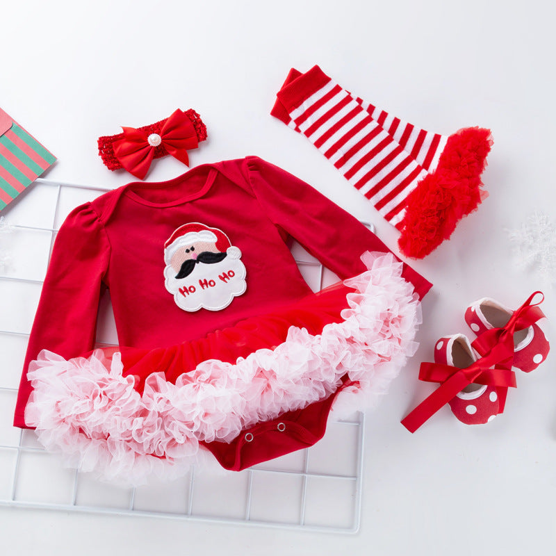 Baby Girl Christmas Long Sleeve Cartoon Dress Mesh 4 Pcs