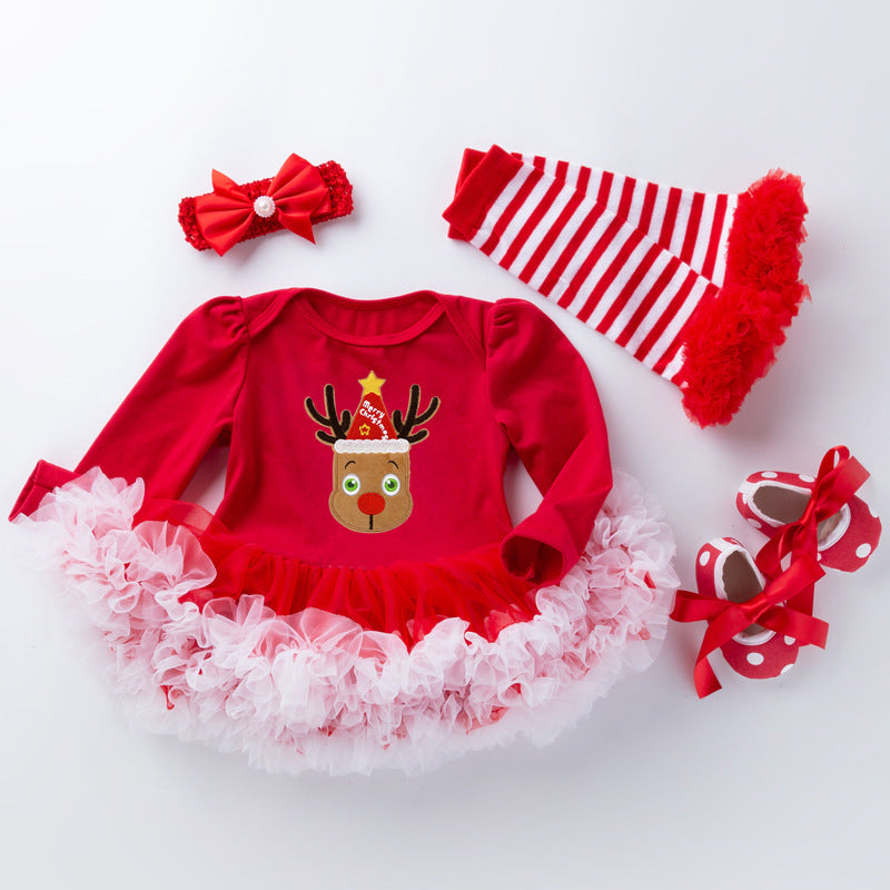 Baby Girl Christmas Long Sleeve Cartoon Dress Mesh 4 Pcs