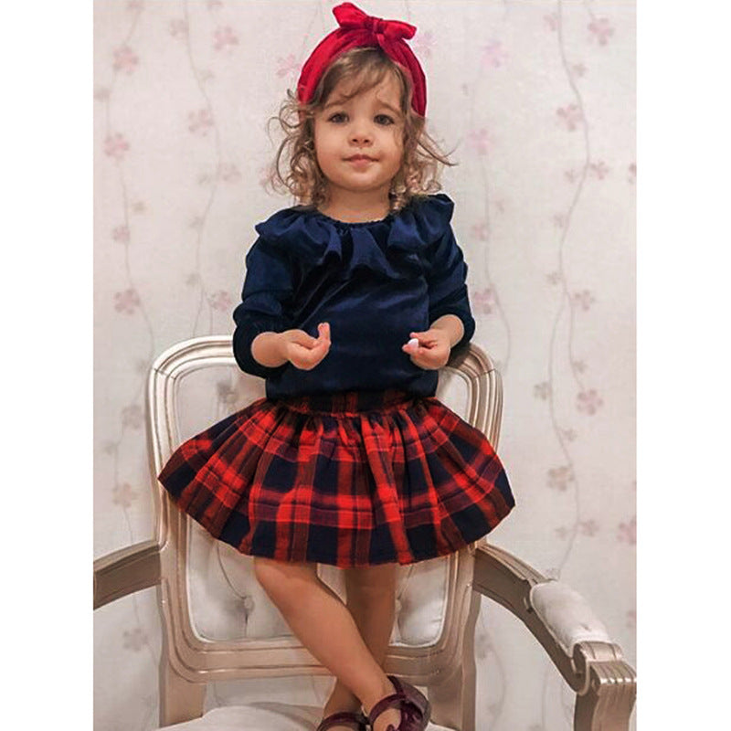 Kid Baby Girl Long Sleeve Pure Plaid Christmas 2 Pcs Sets