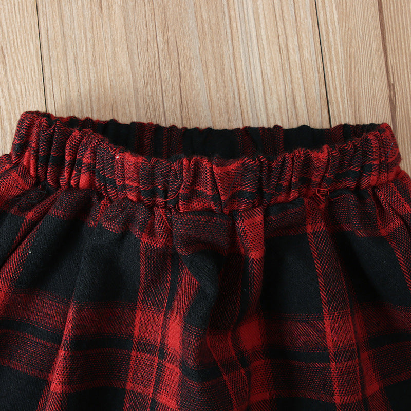 Kid Baby Girl Long Sleeve Pure Plaid Christmas 2 Pcs Sets