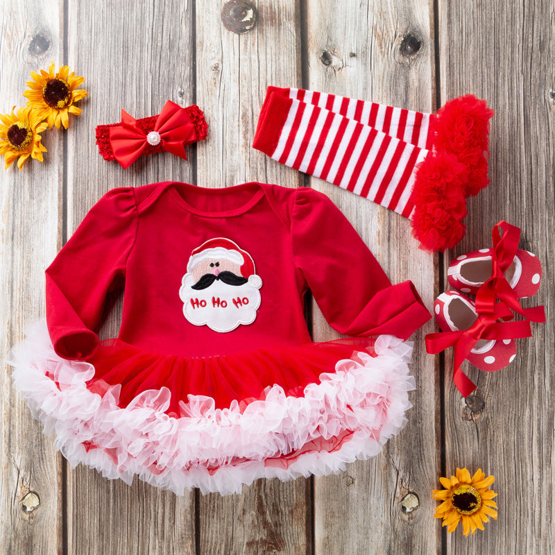Baby Girl Christmas Long Sleeve Cartoon Dress Mesh 4 Pcs