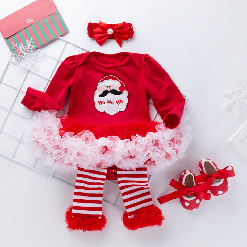 Baby Girl Christmas Long Sleeve Cartoon Dress Mesh 4 Pcs