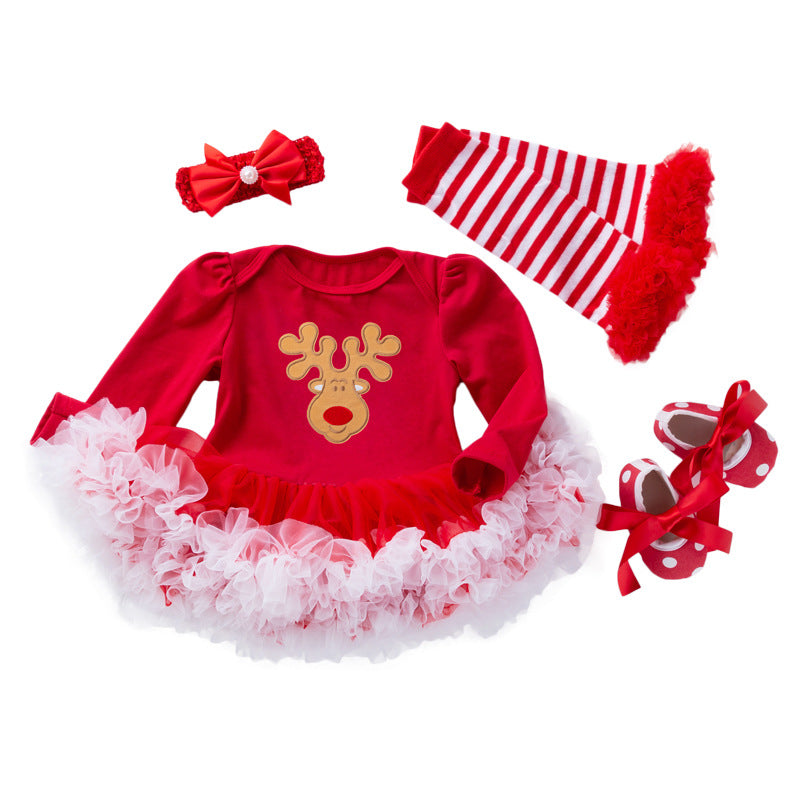Baby Girl Christmas Long Sleeve Cartoon Dress Mesh 4 Pcs
