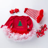 Baby Girl Christmas Long Sleeve Cartoon Dress Mesh 4 Pcs
