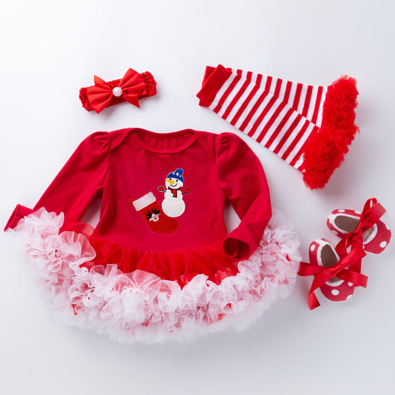 Baby Girl Christmas Long Sleeve Cartoon Dress Mesh 4 Pcs