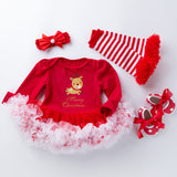 Baby Girl Christmas Long Sleeve Cartoon Dress Mesh 4 Pcs