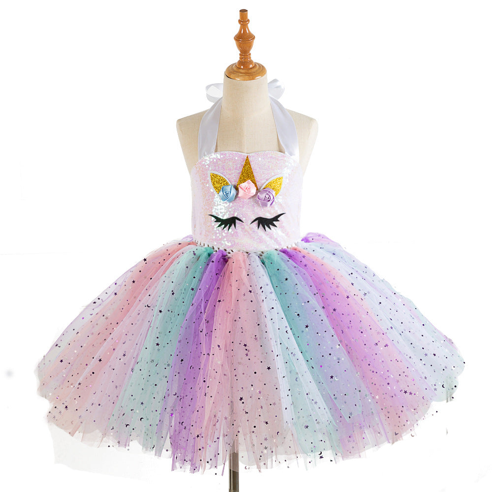 Unicorn Kid Girl Rainbow Sequin Tulle Birthday Dress
