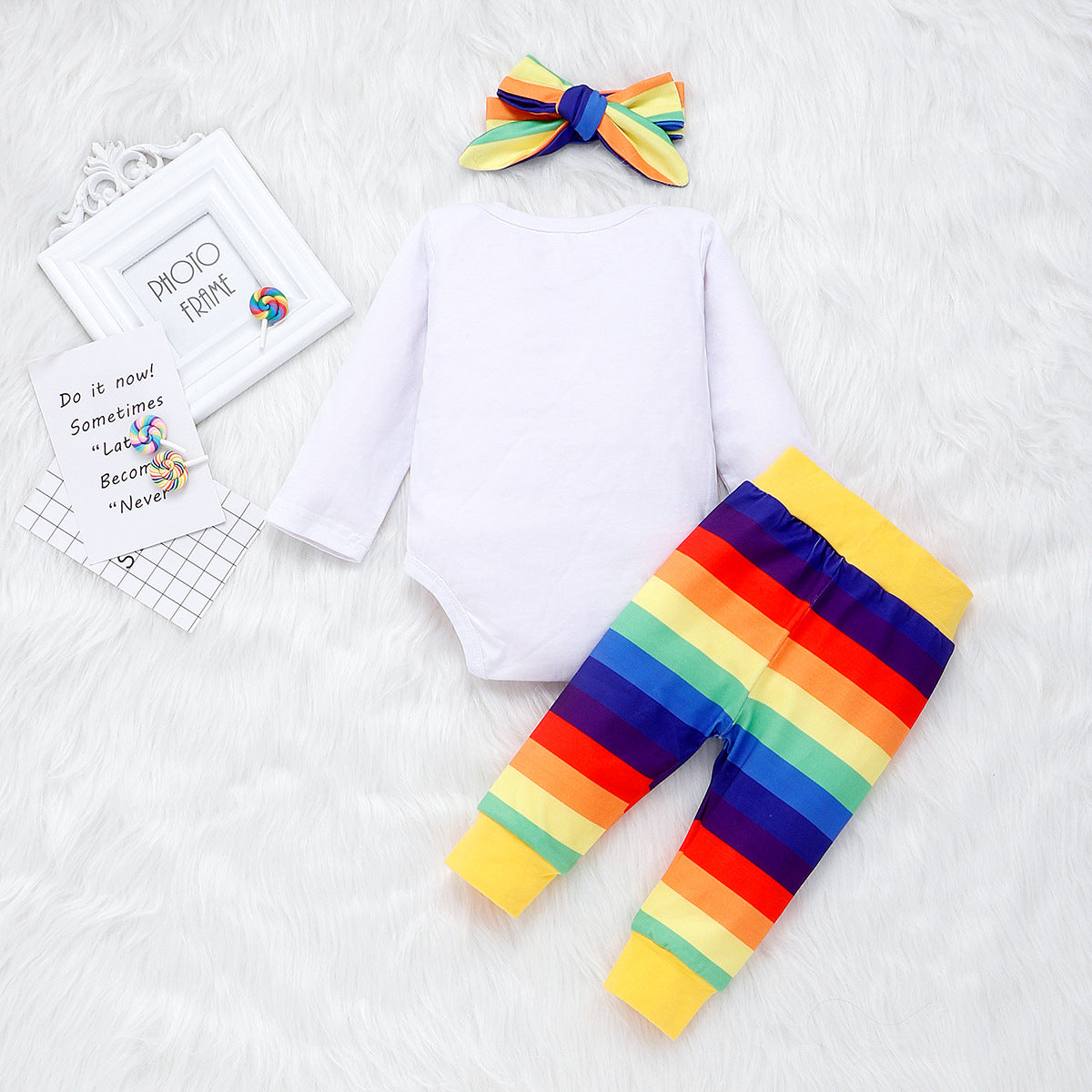 Baby Girl Color Letter Printing Rainbow Outfit Set 3 Pcs