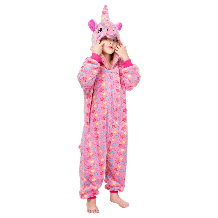 Kid Girl Cartoon Animal One-piece Flanel Unicorn Pajamas