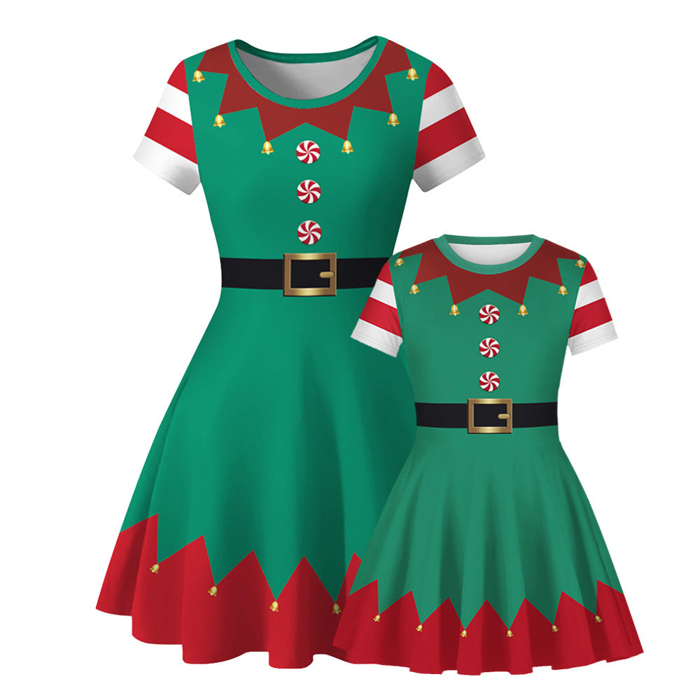 Family Matching Parent-child Christmas Digital Round Collar Short Sleeves Swing Dresses