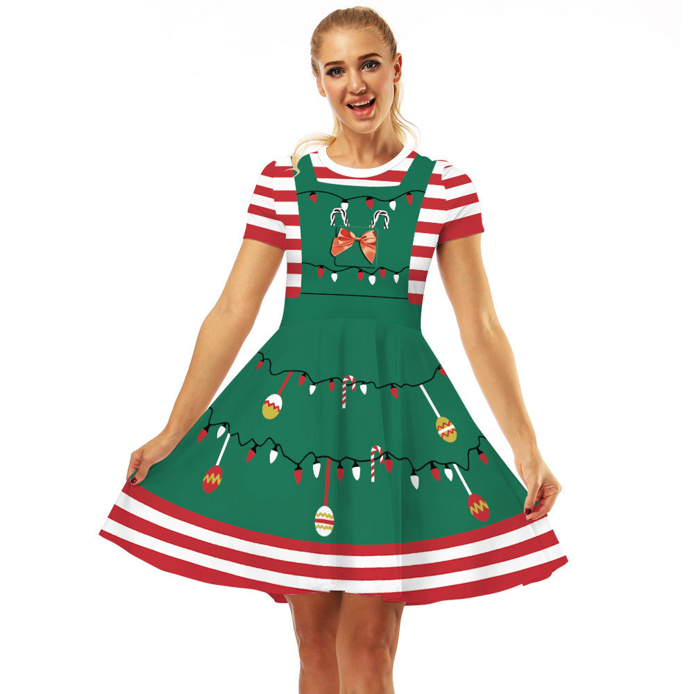 Family Matching Parent-child Christmas Digital Round Collar Short Sleeves Swing Dresses
