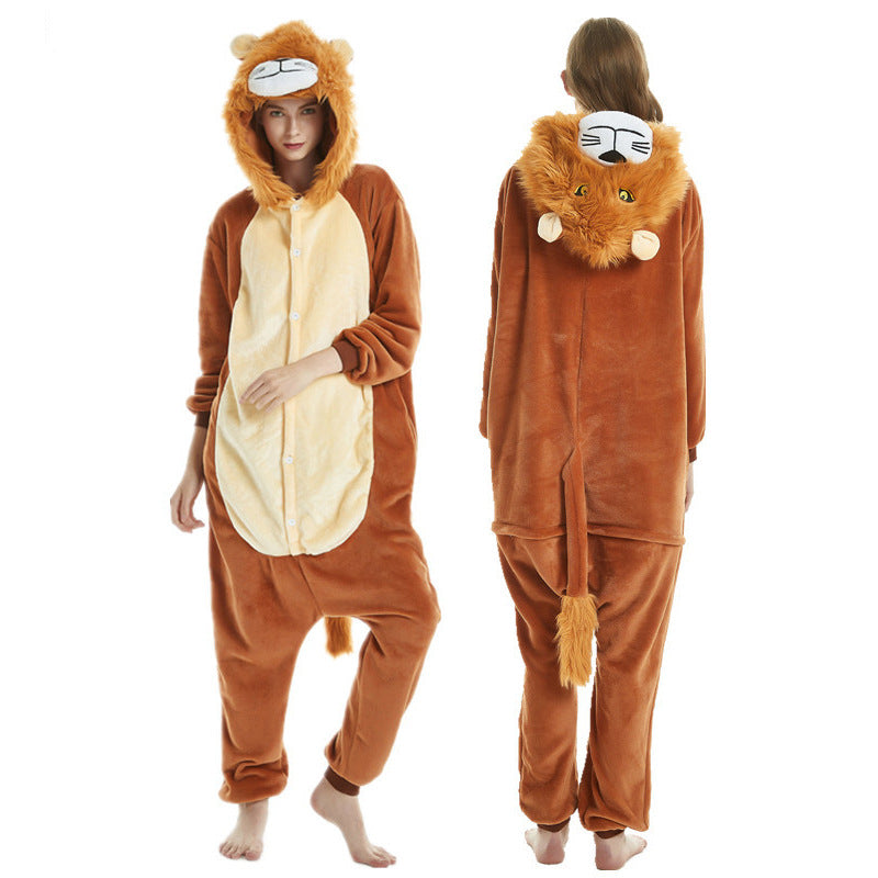 Family Matching Lions Flannel Cartoon One-piece Animals Pajamas