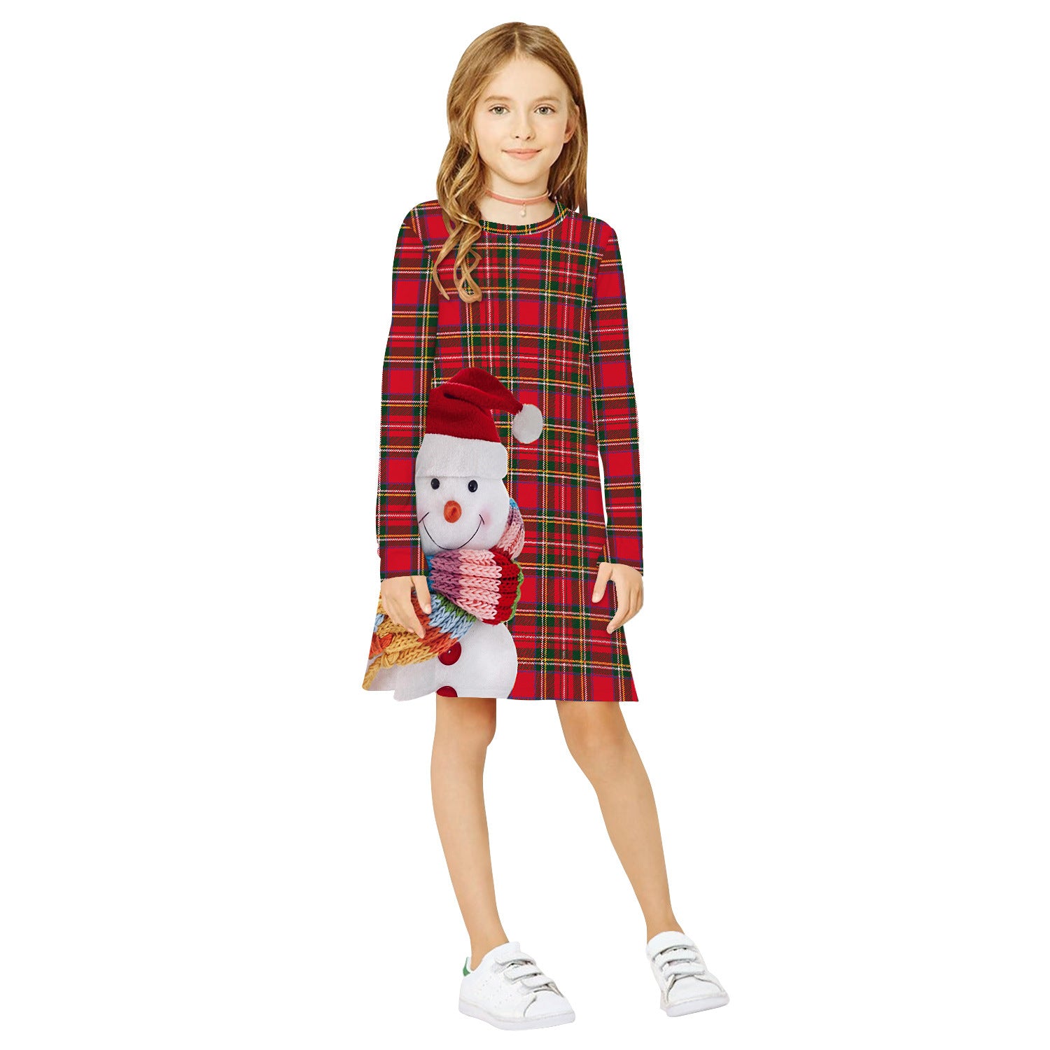 Kid Girls Long Sleeve Round Neck Snowman Christmas Digital Print Dress