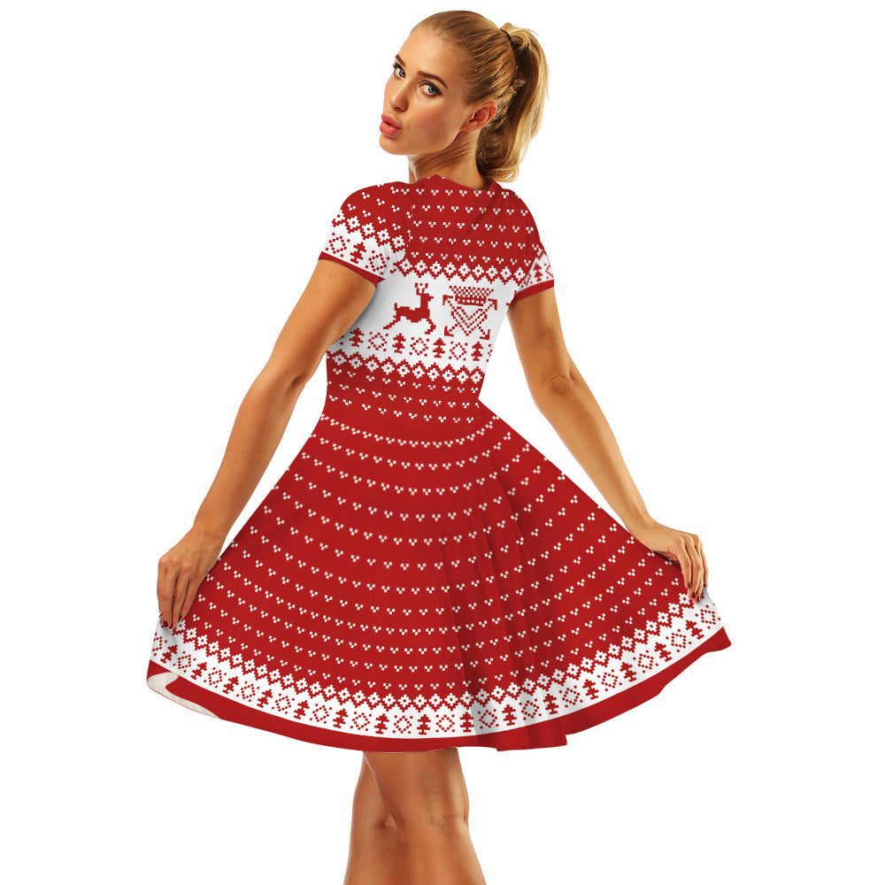 Family Matching Christmas Elk Digital Printing Parent-child Short Sleeve Dress