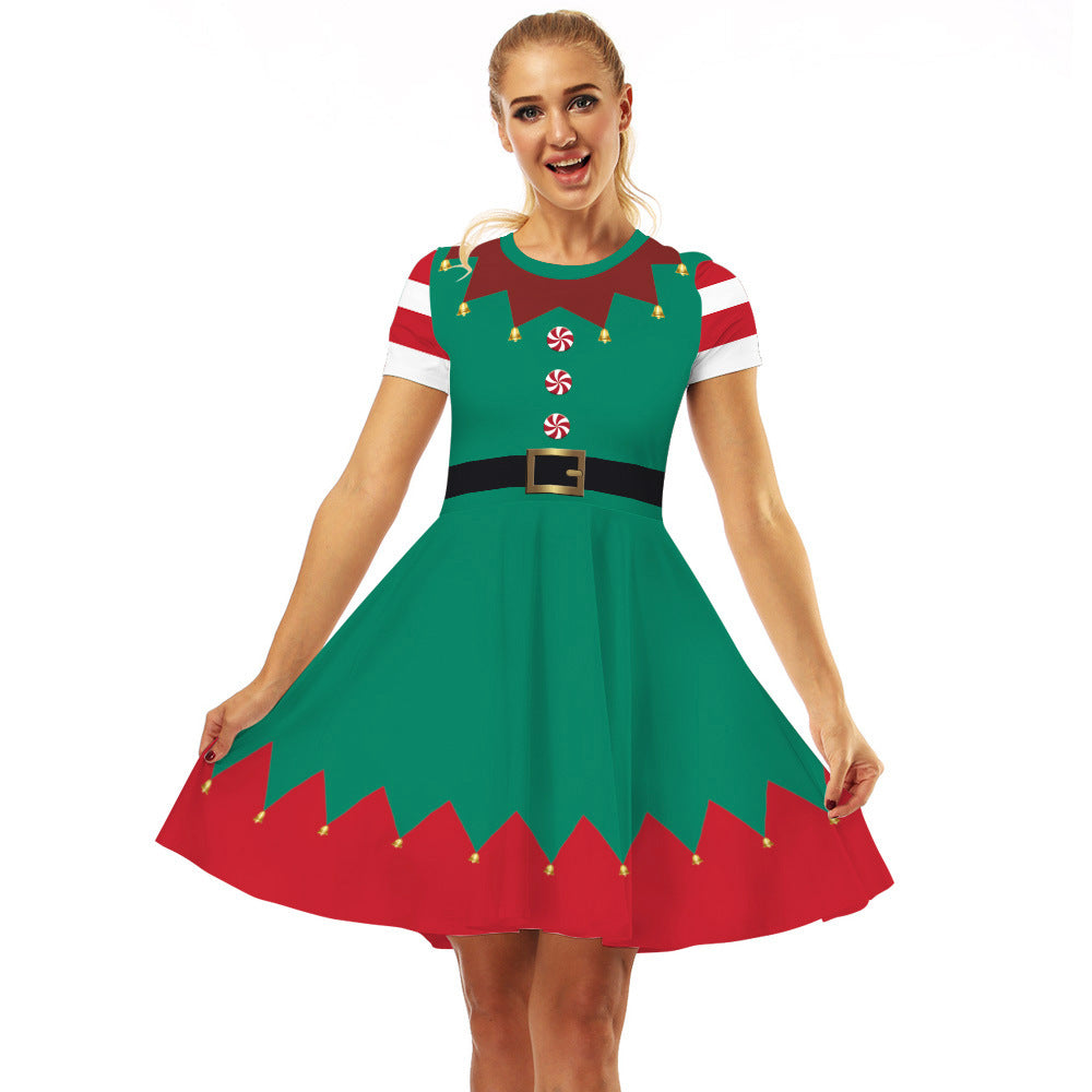Family Matching Parent-child Christmas Digital Round Collar Short Sleeves Swing Dresses
