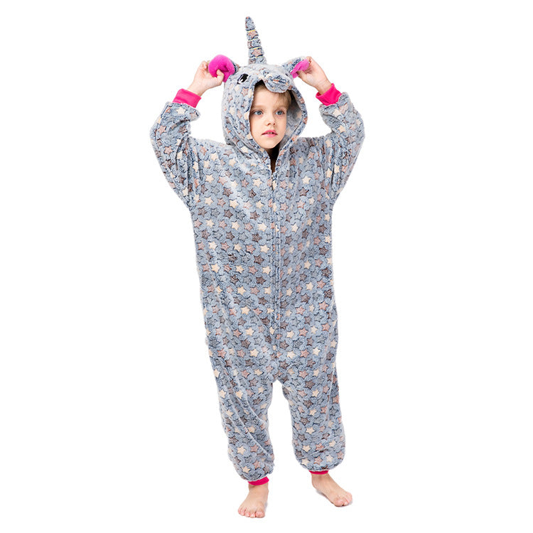 Kid Girl Cartoon Animal One-piece Flanel Unicorn Pajamas