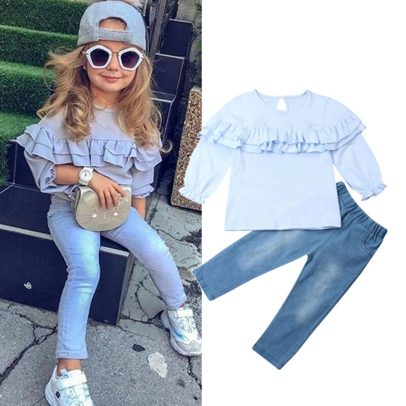 Kid Baby Girls Flounces Jeans Autumn Winter 2 Pcs Set