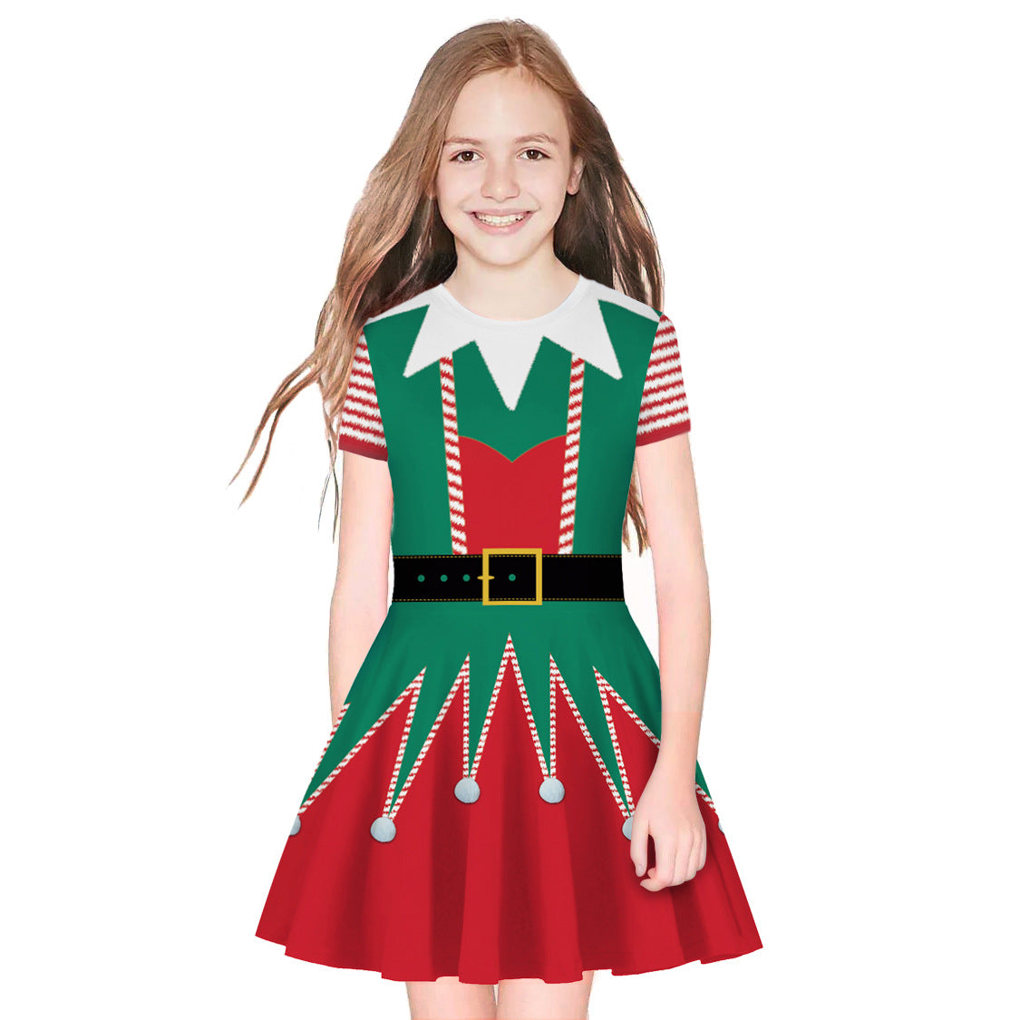 Family Matching Parent-child Christmas Digital Round Collar Short Sleeves Swing Dresses