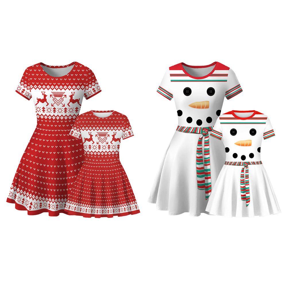 Family Matching Christmas Elk Digital Printing Parent-child Short Sleeve Dress