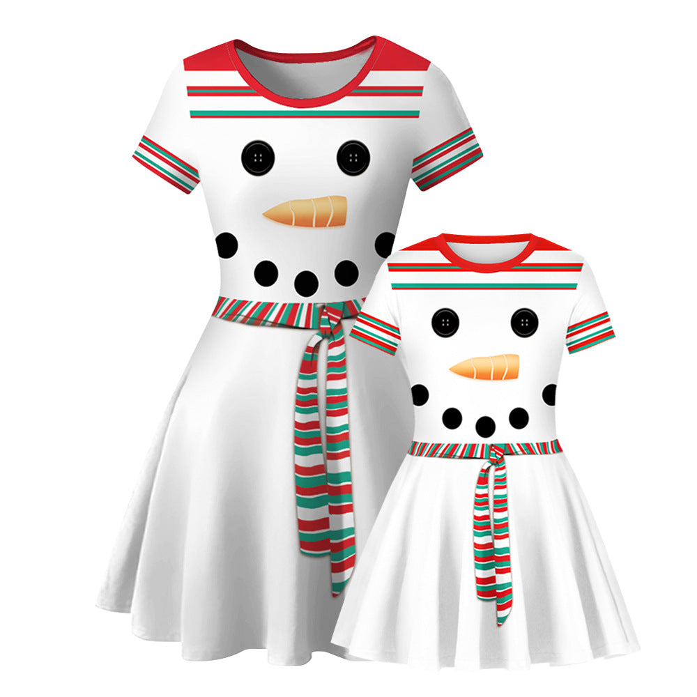 Family Matching Christmas Elk Digital Printing Parent-child Short Sleeve Dress