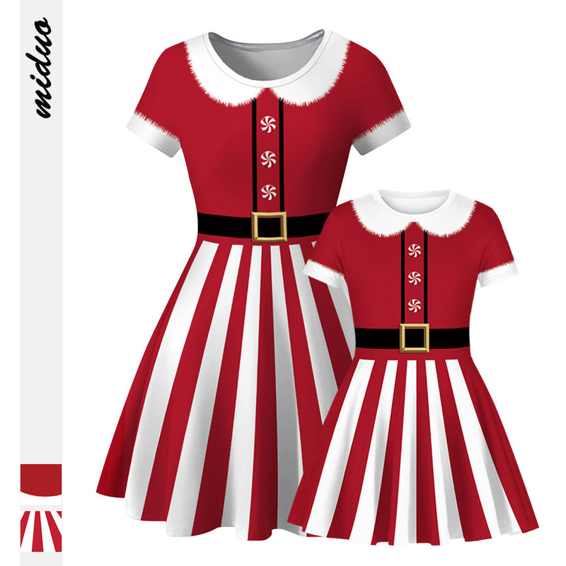 Family Matching Christmas Red White Striped Digital Parent-child Dresses