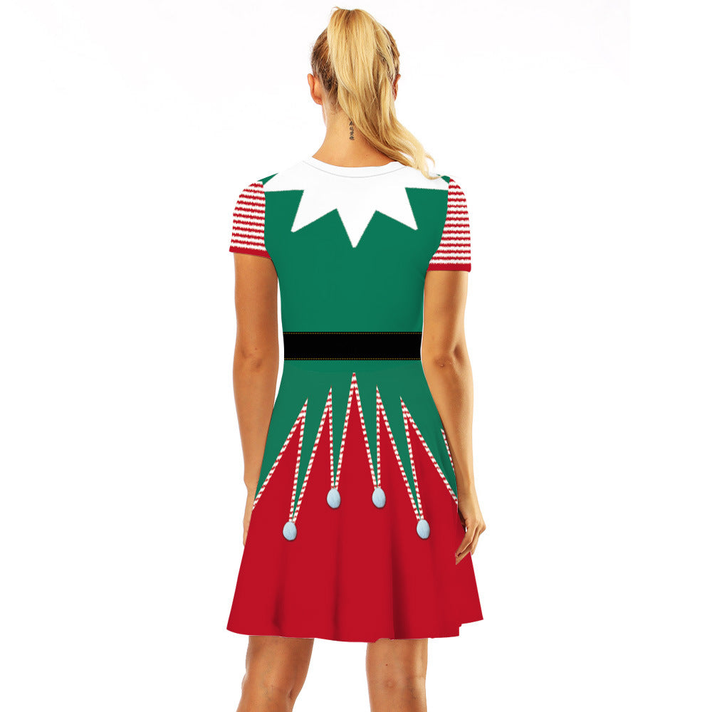 Family Matching Parent-child Christmas Digital Round Collar Short Sleeves Swing Dresses