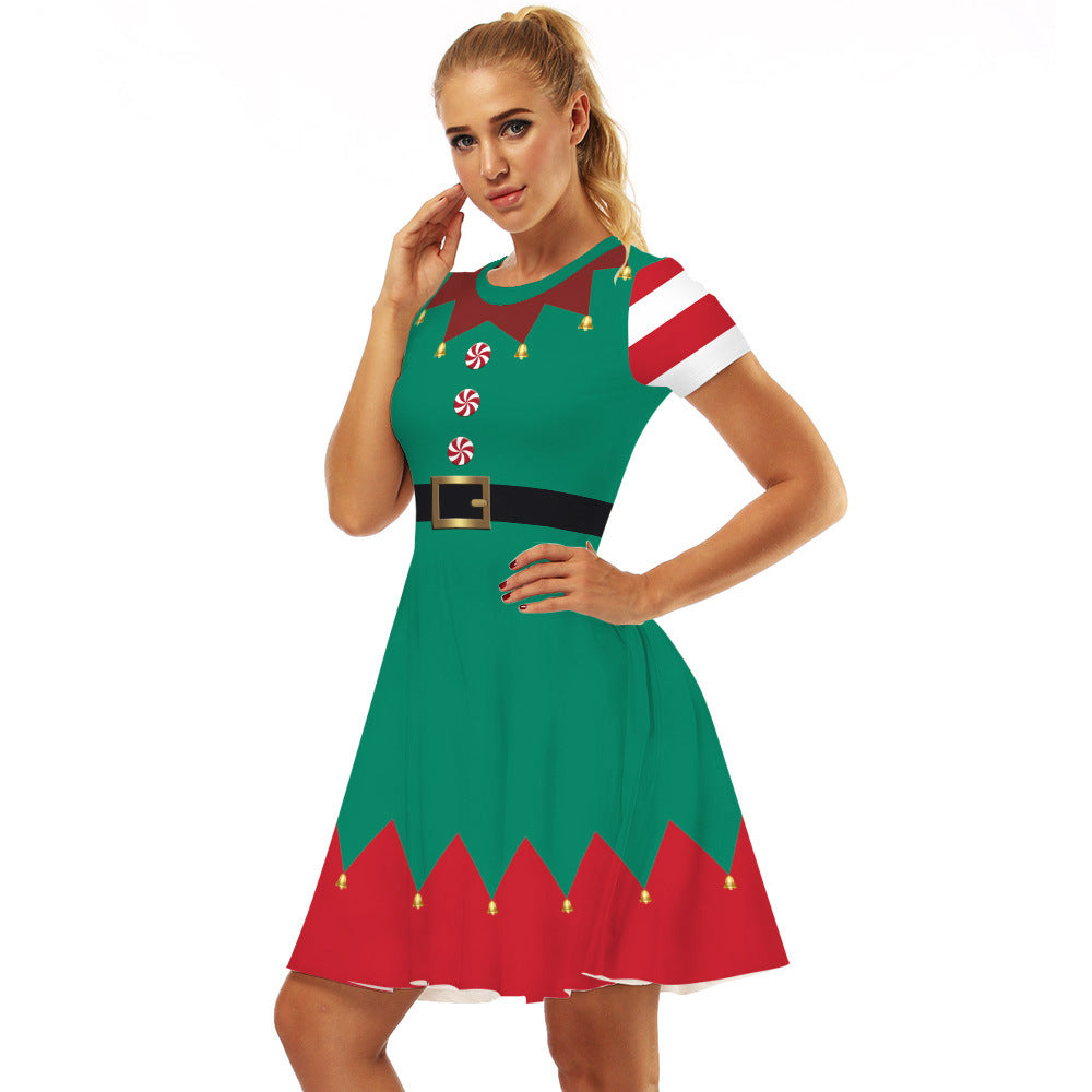 Family Matching Parent-child Christmas Digital Round Collar Short Sleeves Swing Dresses