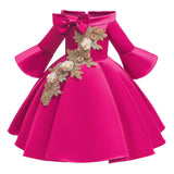 Kid Girl Princess Off Shoulder Middle Sleeve Satin Gown Embroidered Dresses