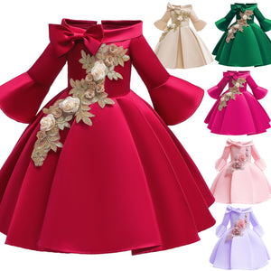 Kid Girl Princess Off Shoulder Middle Sleeve Satin Gown Embroidered Dresses