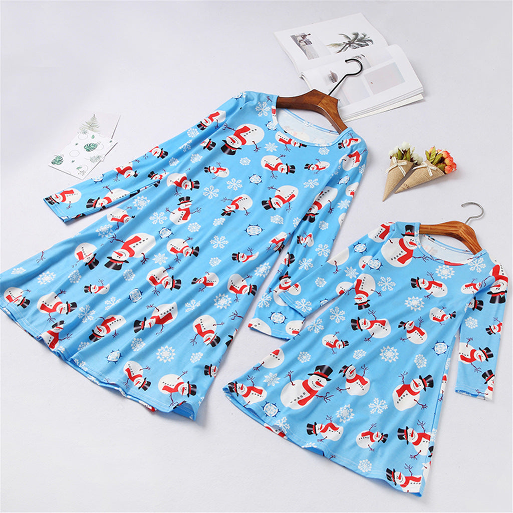 Family Matching Mother Daughter Long Sleeve Christmas Print Dresses