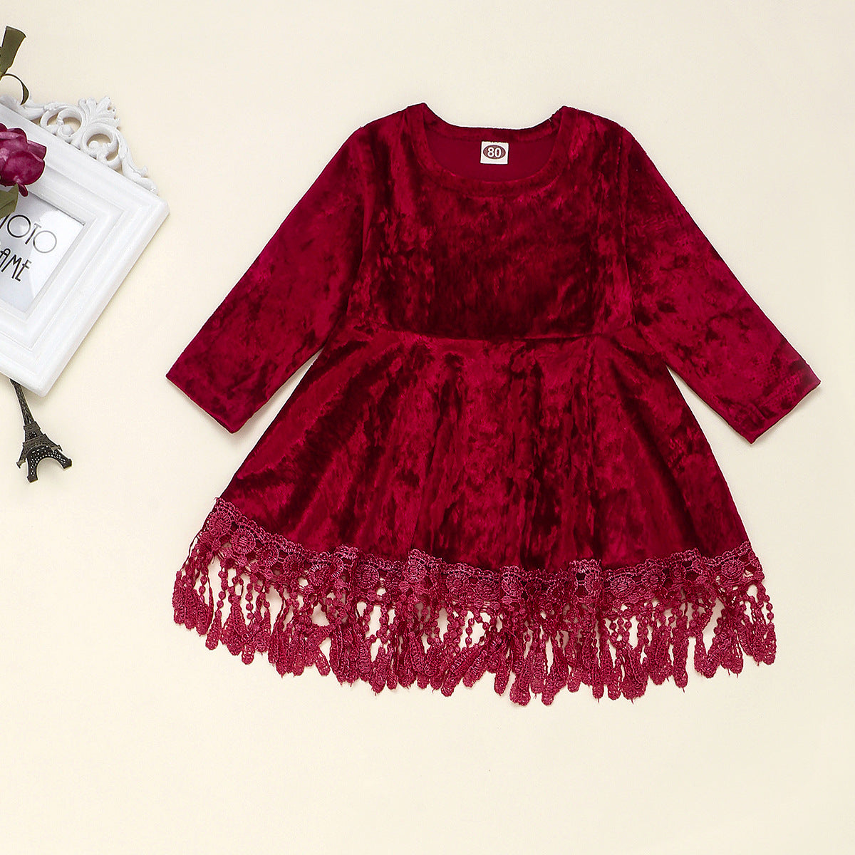 Kids Girl Gold Velvet Long Sleeve Tassel Sweet Princess Dresses