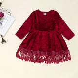 Kids Girl Gold Velvet Long Sleeve Tassel Sweet Princess Dresses