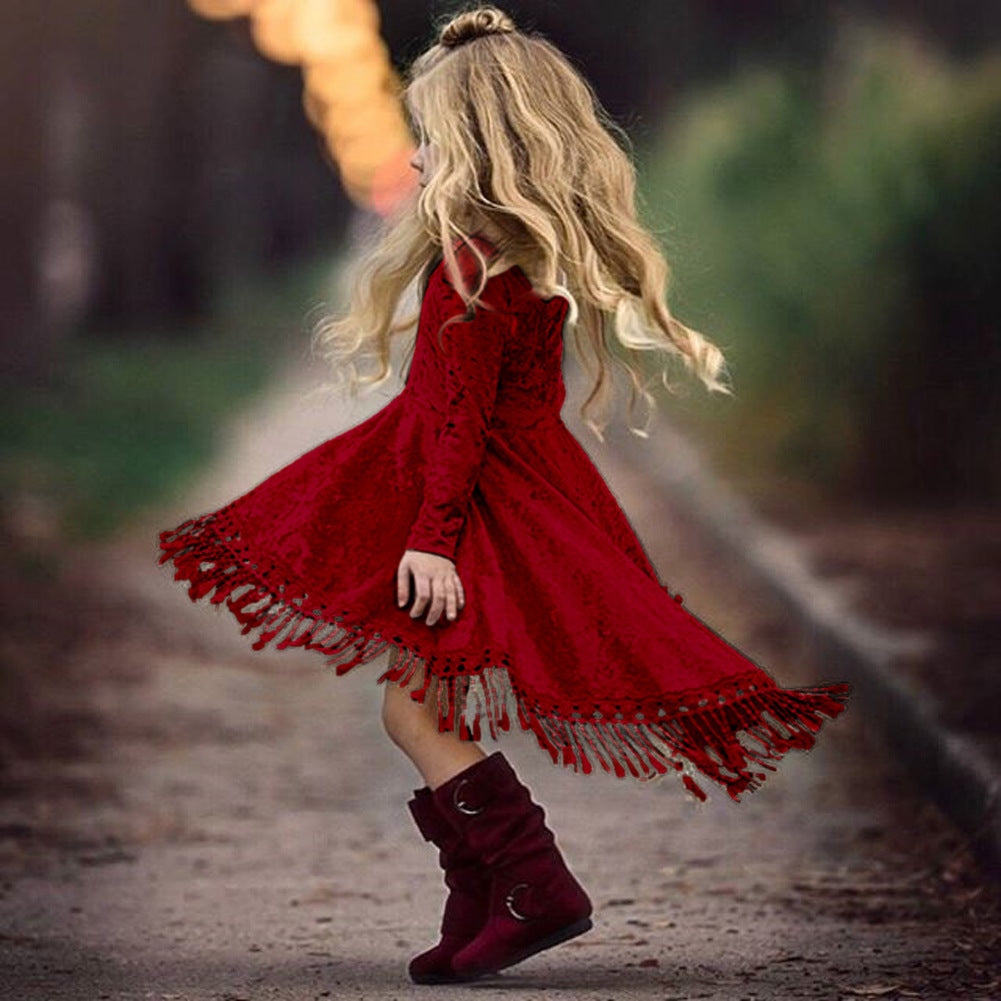 Kids Girl Gold Velvet Long Sleeve Tassel Sweet Princess Dresses