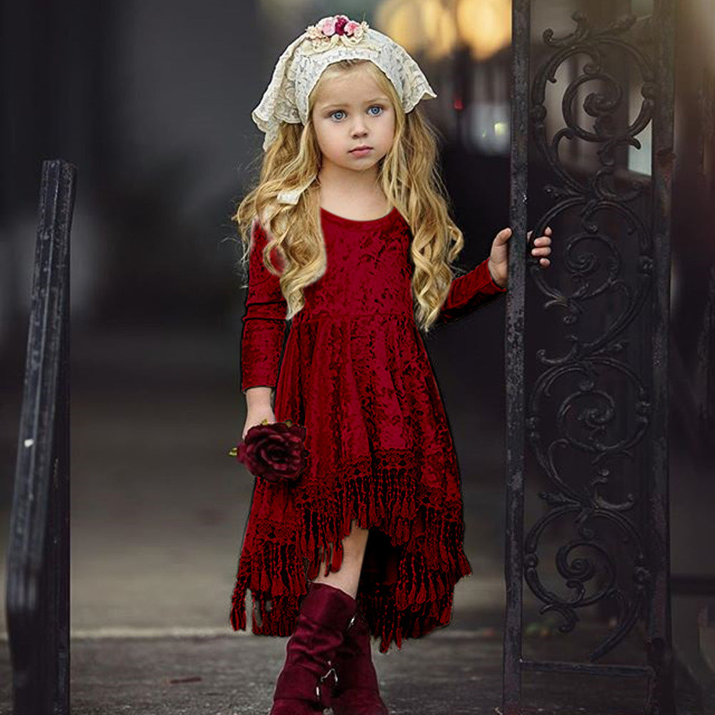 Kids Girl Gold Velvet Long Sleeve Tassel Sweet Princess Dresses