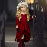 Kids Girl Gold Velvet Long Sleeve Tassel Sweet Princess Dresses